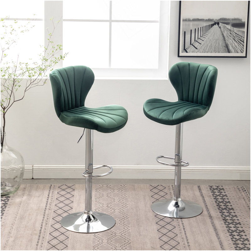 Ellston Upholstered Adjustable Swivel Barstools In Green, Set Of 2, Green
