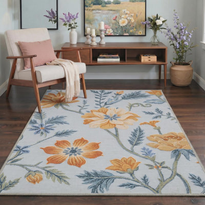 Eden Floral Alabaster Machine Washable Blue / Gold Non-Slip Area Rug