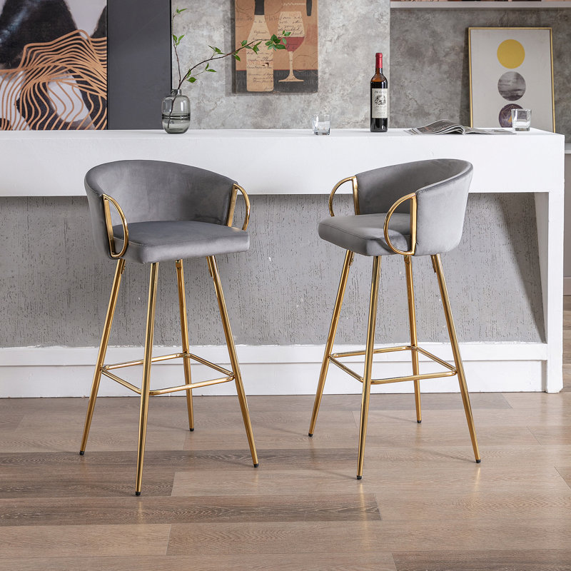 2 Stools, Footrest, Velvet + Golden Leg, Modern Seating Touch 2, Leg With Cozy, Gray, Counter Stool (26” Seat Height)