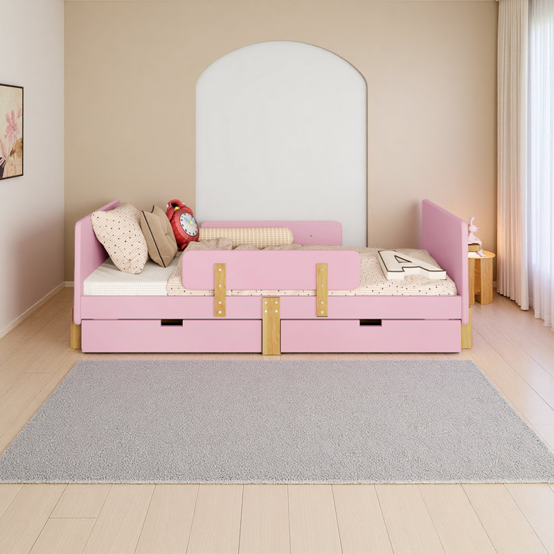 Lit plateforme avec tiroirs de rangement, structure de lit en bois massif avec garde-corps, petite tablette et crochets, aucun sommier nécessaire