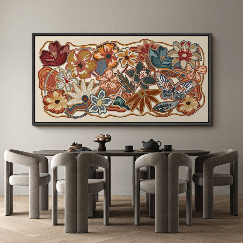 Abstrait botanique floral automnal vibrant, H 30 po x l 60 po, Noir, noir, noir, noir