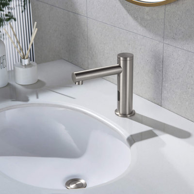 Circular Touchless Bathroom Faucet with Pop-Up Drain — Plug-In or Battery Powered