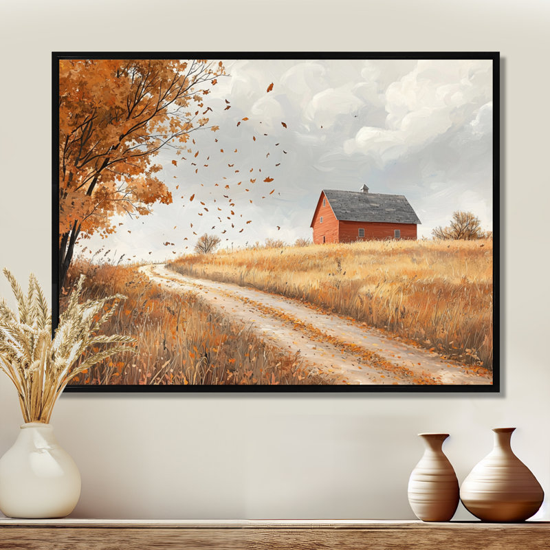 Drewry Windy Prairie Leaves Path To The Farm I - feuilles, art mural, H 30 po x l 40 po, Noir, Impression encadrée flottante