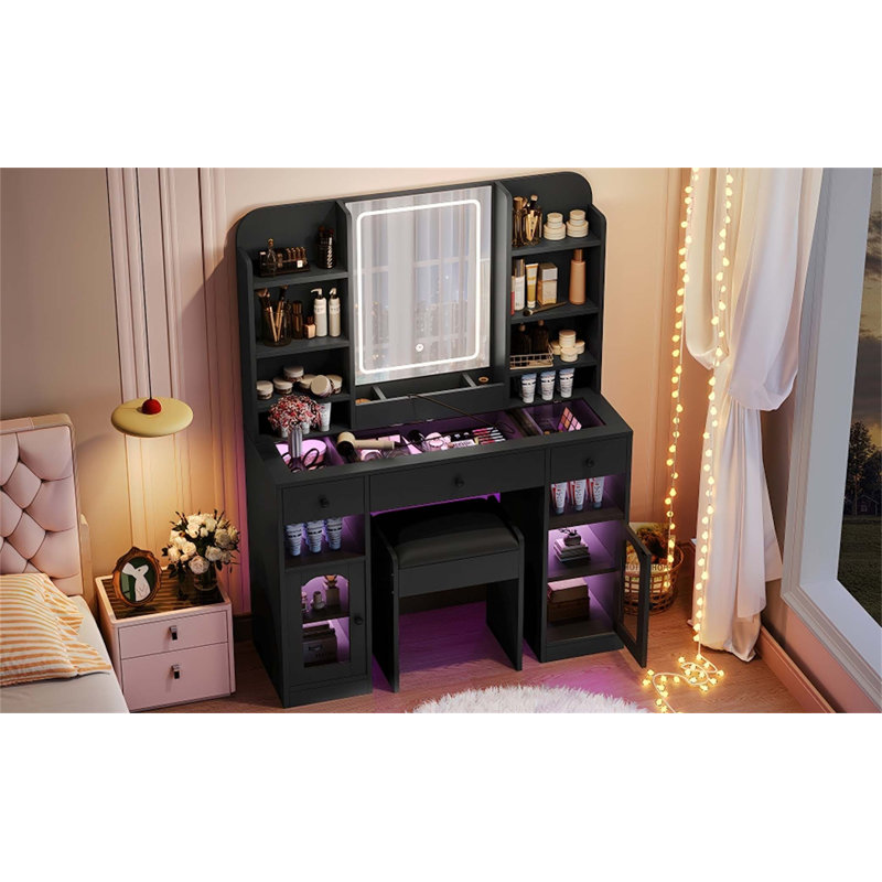 43.2 Inch Vanity Desk With LED Mirror, RGB Light Cabinets, 3 Drawers, Storage Shelves, And Stool For Bedroom, Black