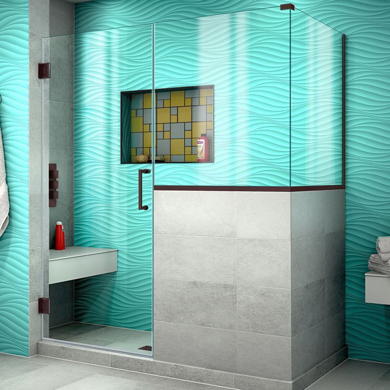 Unidoor Plus 58" W x 30.375" D x 72" H Frameless Pivot Rectangle Shower Enclosure with Fixed Panel, Oil Rubbed Bronze