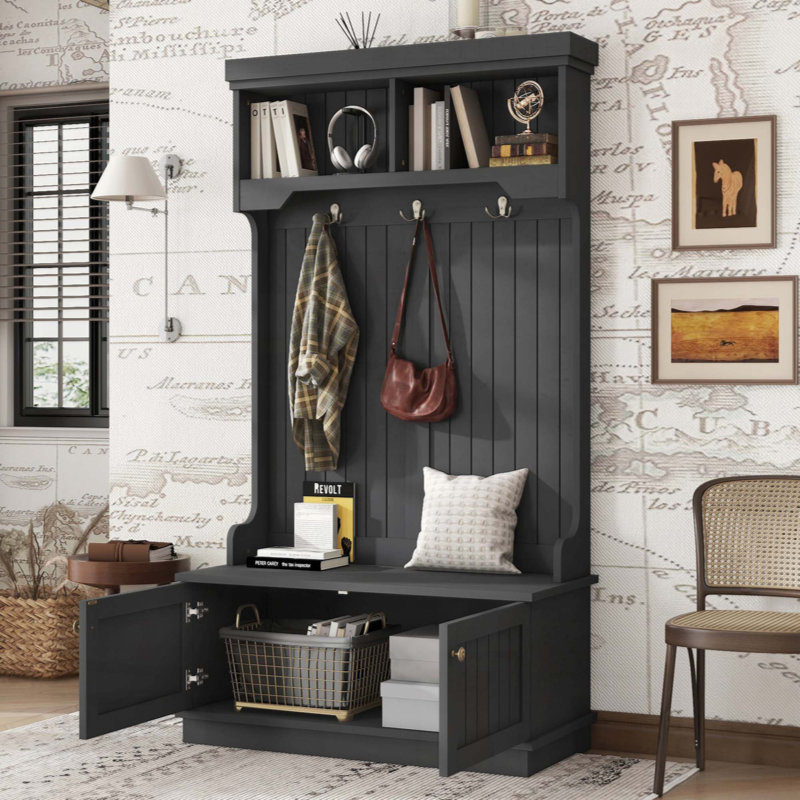 Hall Tree With Storage Shoe Bench For Entryway And Hallway, 4-In-1 Design Coat Racks With Hooks For Living Room, Black