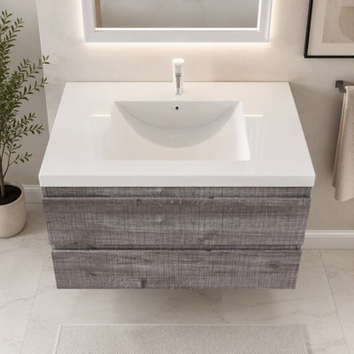Meuble-lavabo flottant 30 po avec lavabo, armoire de contreplaqué murale, tiroir à fermeture en douceur, lavabo en céramique anti-débordement