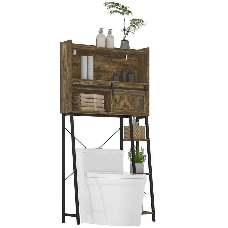 Over The Toilet Storage Cabinet, Freestanding Over Toilet Bathroom Organizer With Sliding Door, 3 Storage Compartments And 4 Open Shelves