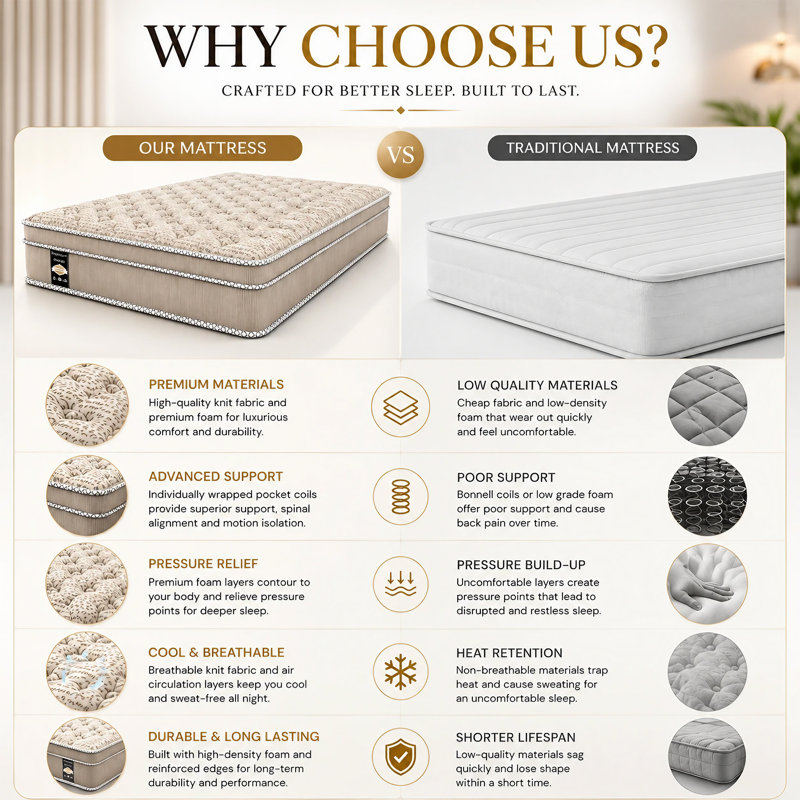 Matelas hybride ferme de 13 po pour plus de bois et de hanches, rembourré de mousse, certifié Certipur-US, housse en tissu damassé.