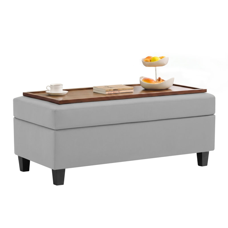 Banc multi-fonctionnel pour repose-pieds avec couvercle rabattable en bois et coussin, Similicuir en polyuréthane gris