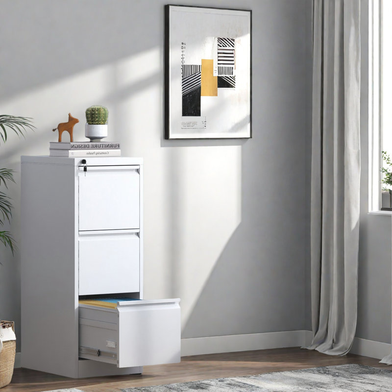 3 Drawer Metal Vertical File Cabinet With Lock Office Home Steel Vertical File Cabinet, White