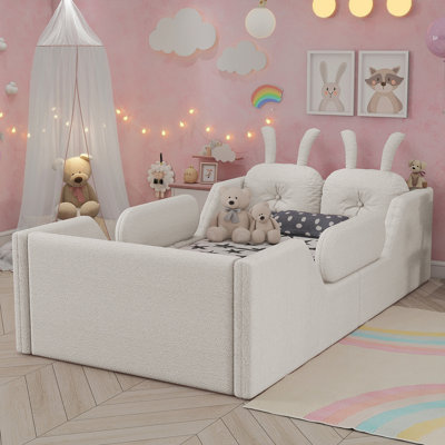Twin Size Upholstered Platform Bed With Rabbit Cushion, Kids Floor Upholstered Bed With Removable Side Rails, White(Expect Arrival Date 2025/1/15)