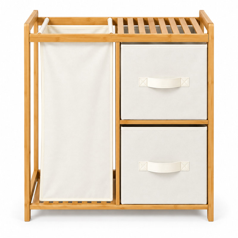 Bamboo Laundry Sorter with 1 Large Hamper & 2 Fabric Drawers, Multi-Functional Bathroom Storage Organizer