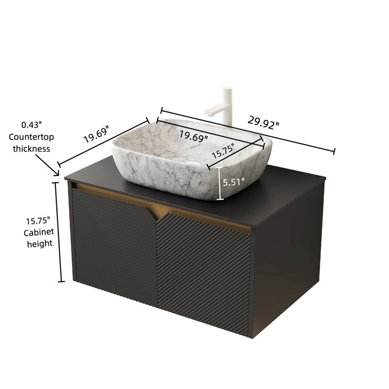 30" Wall - Mounted Floating Bathroom Vanity, Marble Pattern Rectangle Ceramic Vessel Sink, Black Sintered Stone Top, Solid Wood Cabinet Doors With Twill And Metal Decor Soft Close Damper For Inlays