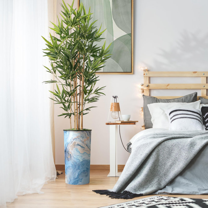 Artificial Tree in Contemporary Planter Fake Bamboo Silk Tree (Plant Pot Plus Tree), Marble Pattern Blue