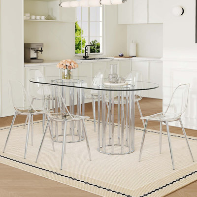 7PCS Modern Table And Chair Set. Oval Tempered Glass Dining Table With 6 Transparent Plastic Chairs