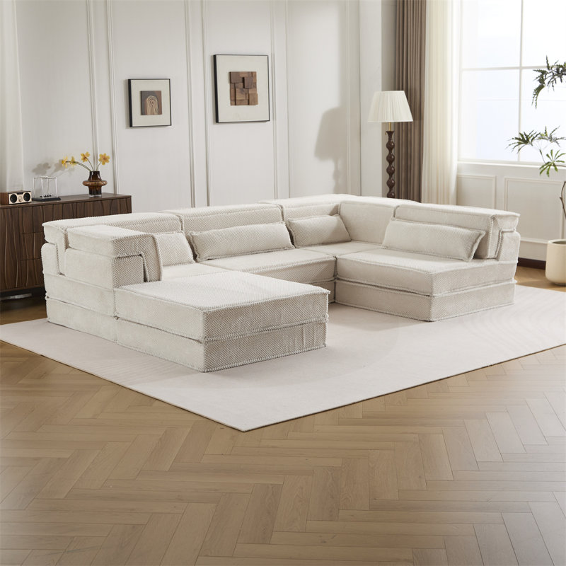 157.48" L-Shaped Sectional, White Fabric