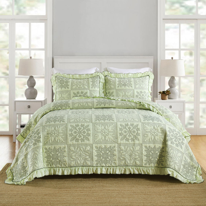 MarCielo 3 Piece Cotton Oversized Bedspread Set Coverlet Set Lightweight Quilt Set TJ, Green Abstract