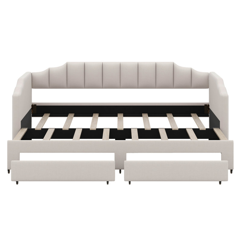 Twin XL To King Extendable Daybed With Storage Drawers & LED Lights, Upholstered Sofa Bed, Twin XL Upholstered Daybed, Beige