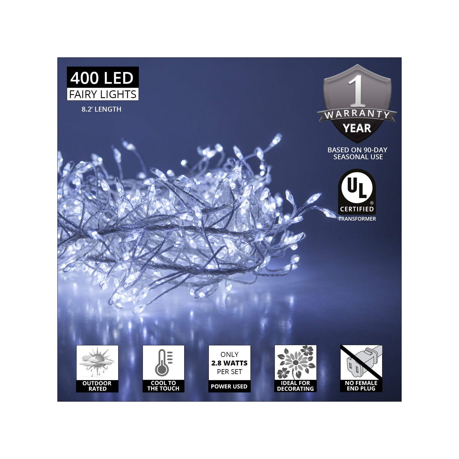 96'' LED String Lights, Cool White