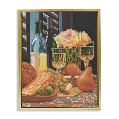 Romantic Wine & Cheese Framed Floater Canvas Wall Art by Mardell Schuster