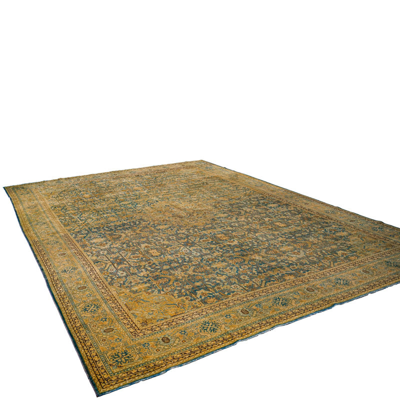 Tapis unique brun / bleu 10 pi 11 po x 15 pi 4 po années 1990