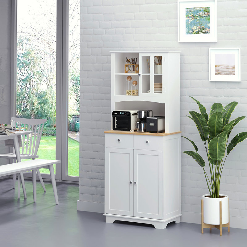 HOMCOM Freestanding 67" Kitchen Buffet With Hutch, Pantry Cabinet With Microwave Stand, Adjustable Shelf, 2 Drawers, Cupboard, White