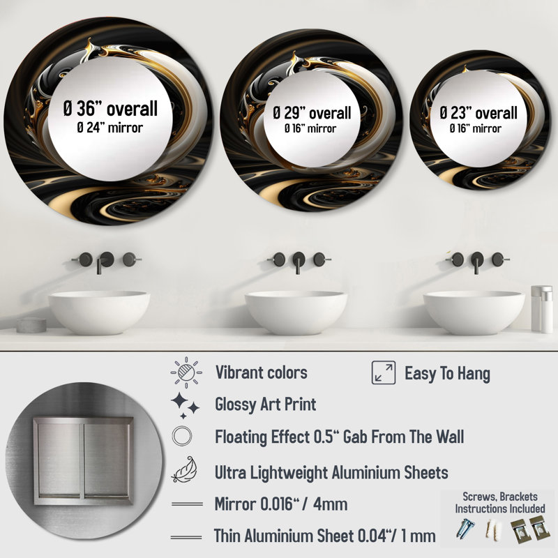 Polymilis liquide blanc vitrail IV - miroir décoratif spirales abstraites, miroir mural rond moderne, art imprimé en métal
