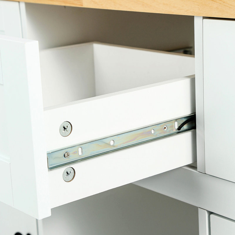 Kitchen Island With Large Tabletop, Drop Countertop & Metal Support, White Drawers And Locking, White