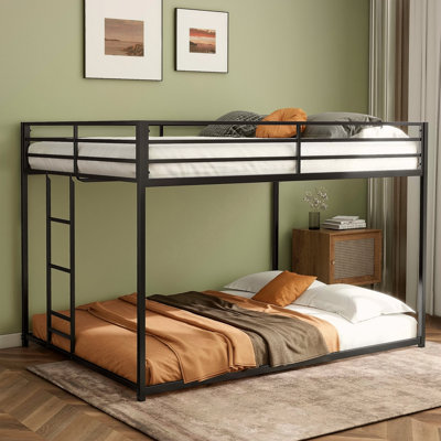 Sturdy Full Over Full Bunk Bed Metal Black For Kids And Adult, Low Profile Full Over Full Bunk Bed With Ladder And Guardrails, Easy Climbing, Beds For Bedroom