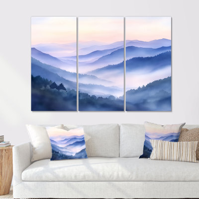 "Blue Ridge", art mural sur toile Misty Mountain - "Blue Ridge Mountains In The Morning Fog", ensemble de 3 toiles encadrées