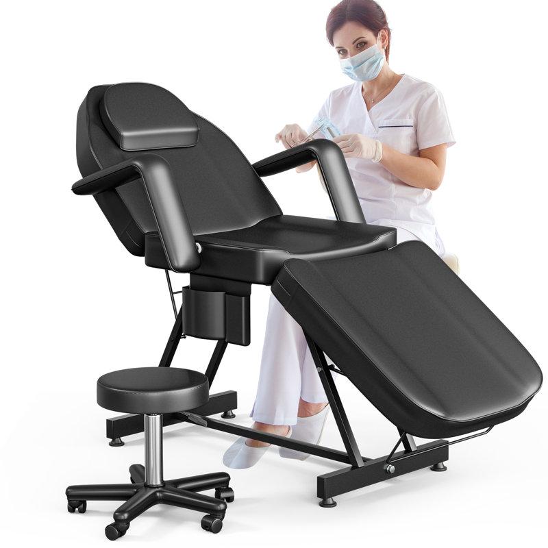 Salon Beauty Bed with a Stool, Massage chair with storage pocket, Adjustable 3-Section Massage Table, Black, Black