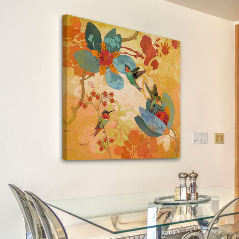 « humming oiseaux aqua » par evelia, reproduction d’art sur toile tendue, H 48 po x l 48 po