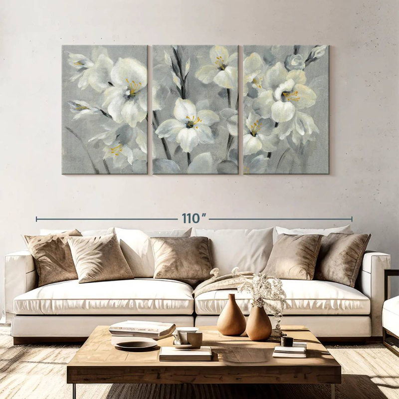 Harnek fleurs sur fond gris II, H 45 po x l 92 po