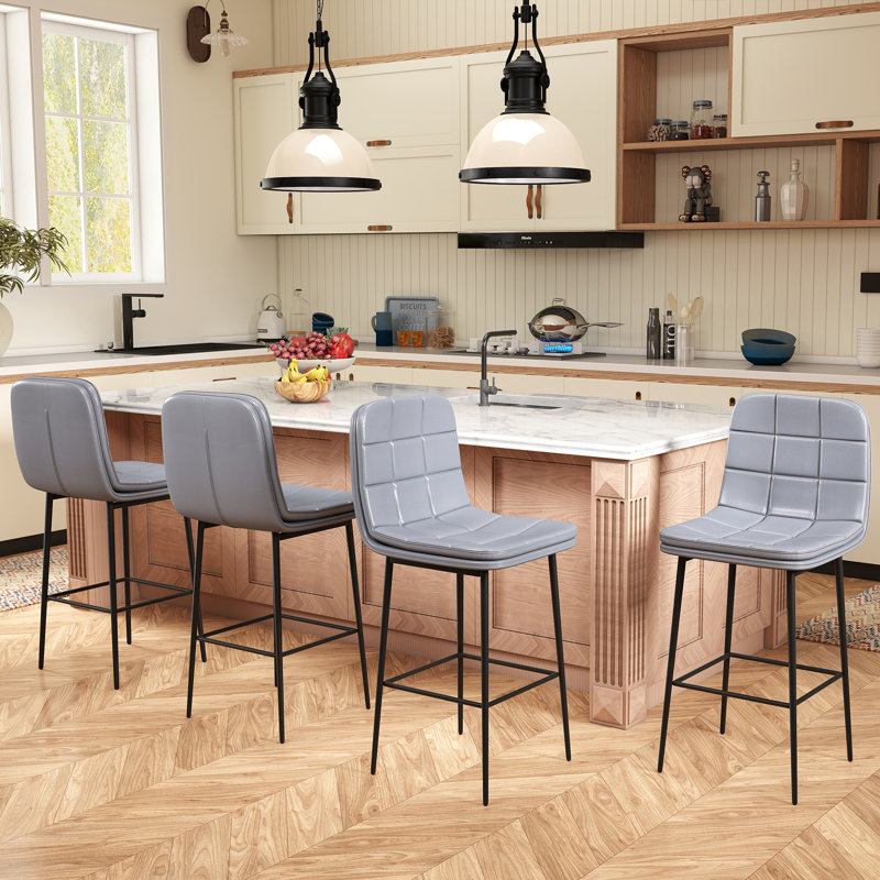 Bar Stools, 27.5" Mid Century Modern PU Leather Counter Height Stools, Upholstered Barstools With Metal Legs And Footrest, Armless Dining Chairs With Back For Kitchen Island
