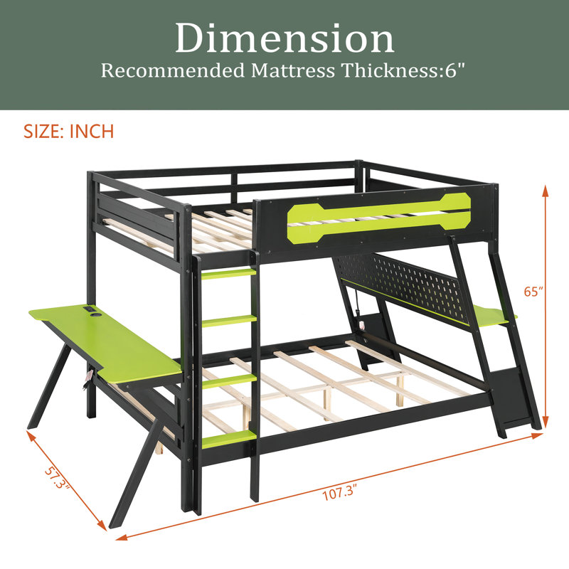 Bunk Bed With Two Built-In Gaming Desks, USB Desktop Ports & Pegboard Organizer, Gaming Bunk Frame For Gamer, Full Over Full
