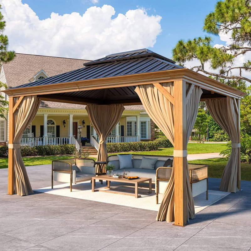 10'x 12' Hardtop Gazebo With Galvanized Steel Roof & Wood Grain Aluminum Frame, Outdoor Metal Pavilion Includes Curtains & Netting For Patio And Backyard