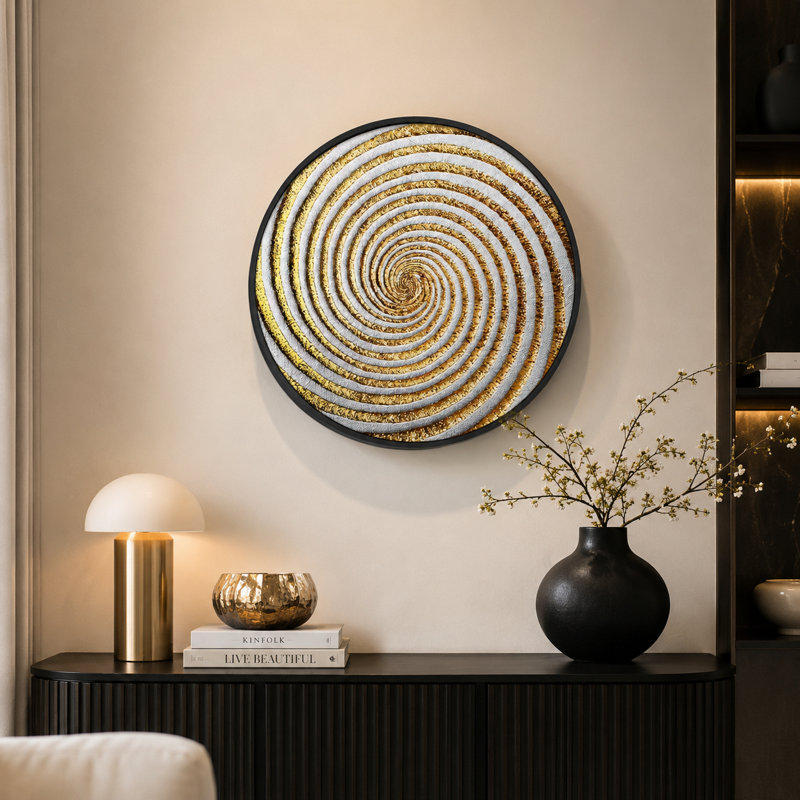  Panneau décoratif rond en spirale abstraite, cadre doré blanc avec couvercle en acrylique, 11.9" H x 11.9" W