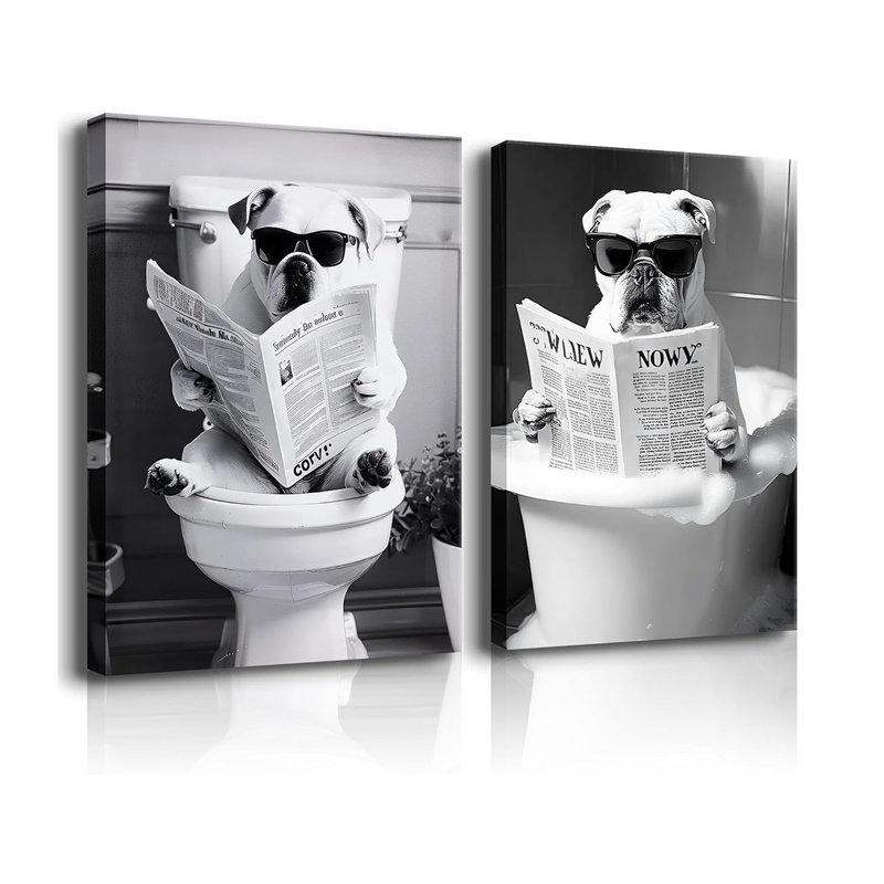 2Pcs Bathroom Dog Wall Art Dog Sitting On Toilet Reading Newspaper Wall Decor Funny Animal Canvas Pictures Cool Black And White Bathroom Poster Prints For Bathroom Living Room (16X24in Canvas)