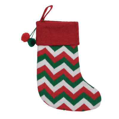 Season's Designs 18in Knit Christmas Stocking  Red, Green White Chevron with Cuff Pom Poms