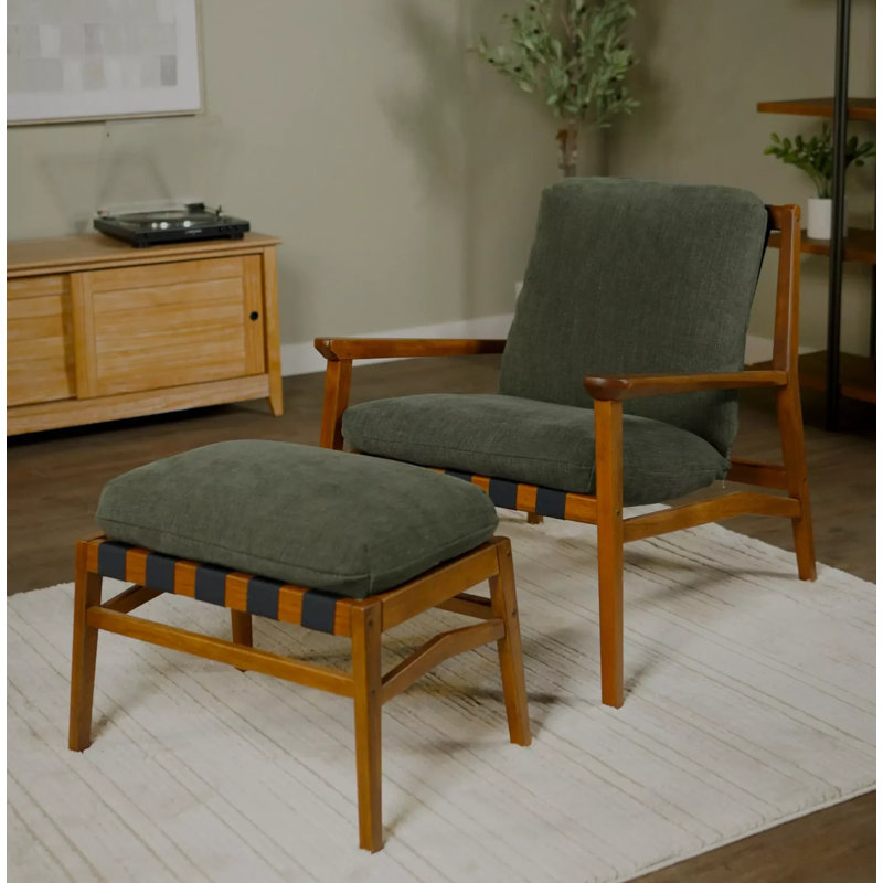Méridienne Mid Century, Mélange de lin vert mousse, Beechwood