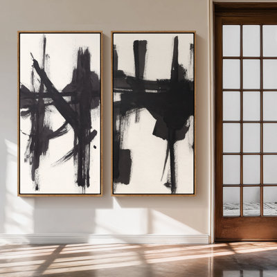 Large Framed Canvas Wall Art Set - Black Abstract Brushstroke Effect Minimalist Modern Prints - 60"x20"x2pcs