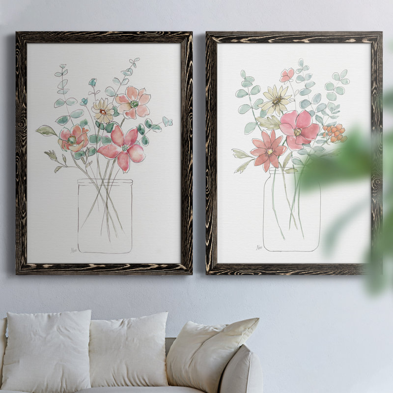 «Whimsical Wildflowers I», ensemble de 2 peintures sur toile encadrées, H 44 po x l 31 po x P 1 po, Cadre noir
