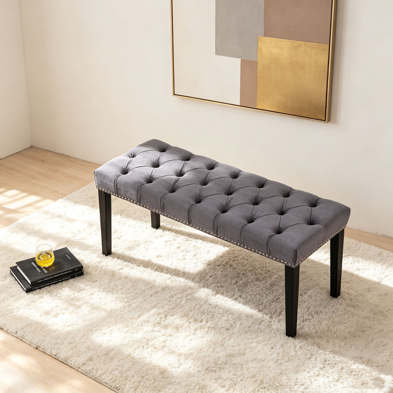 Banc rembourré en velours d'hévéa, Gris foncé, Gris foncé, Noir