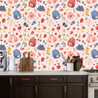 Peel and Stick Wallpaper Strawberry School Supplies Cute Kids Fashion Seamless Hand Painted Contact Paper Removable Self Adhesive Wall Mural Wall Decor for Bedroom Kitchen Cabinets 17.7in x 118in
