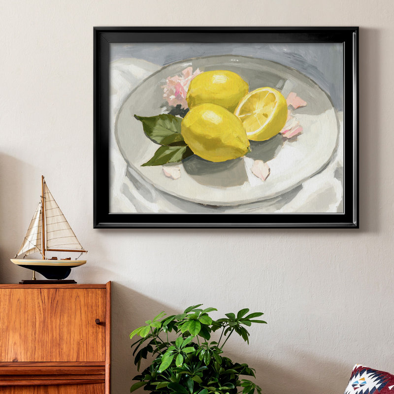Citrons sur une plaque I - peinture sur toile encadrée, Cadre noir, H 30,5 po x l 42,5 po x P 1 po