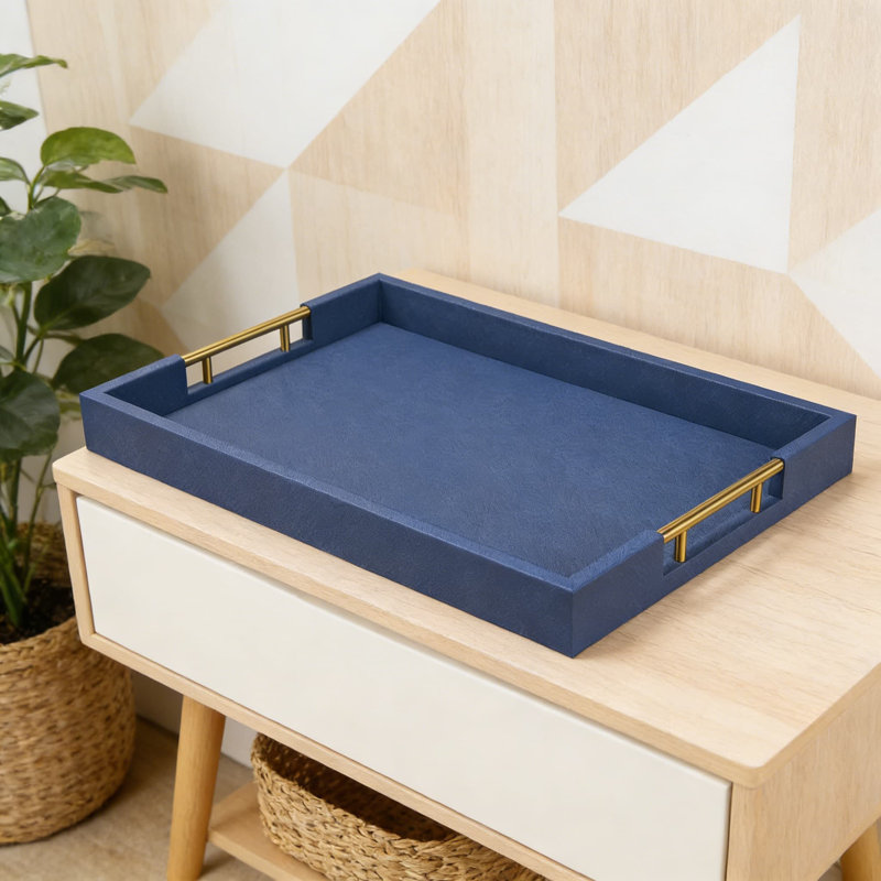 Faux Leather Wrapped Wood Serving Tray With Metal Handles - Multipurpose Ottoman Tray For Home Decor, Coffee Table, And Bed Breakfast Serving