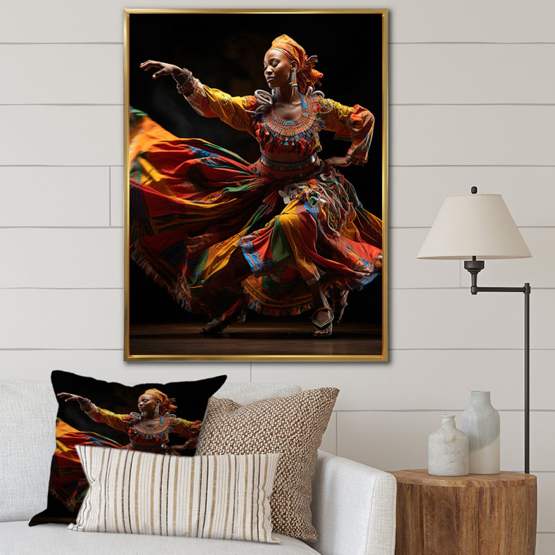Yume African Tribal Dance V - reproduction sur toile, H 44 po x l 34 po x P 1,5 po, Cadre flottant doré