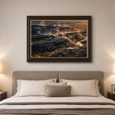 Volcanic Lava Rock Field With Green Moss And Rising Steam Canvas Wall Art