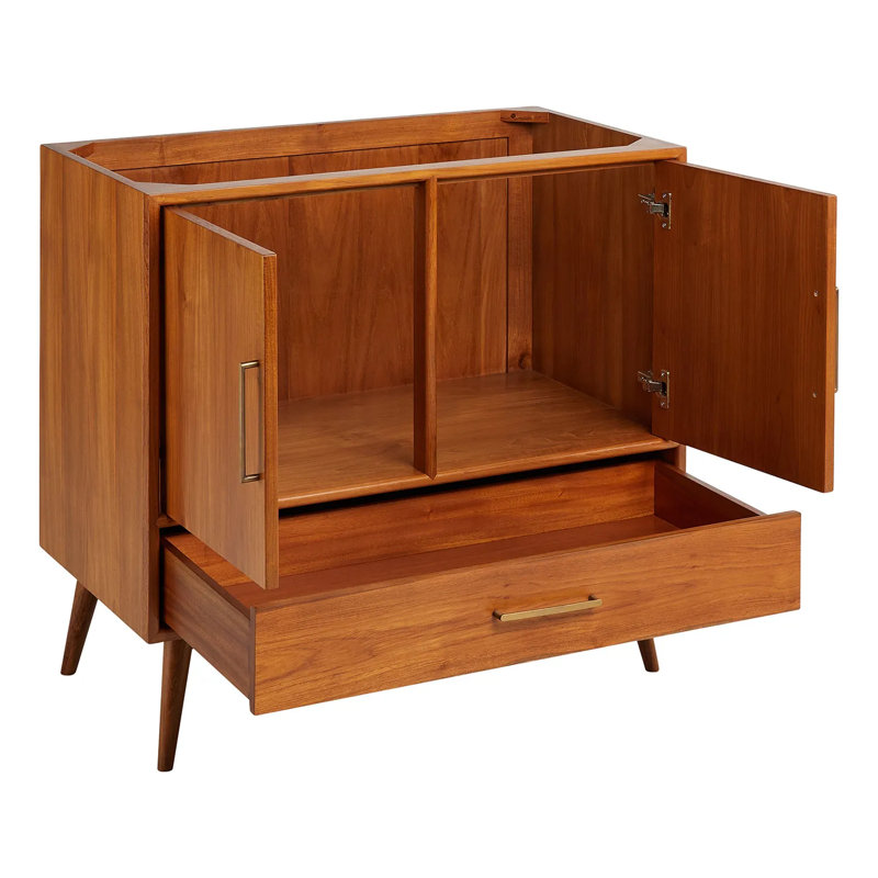 36" Novak Single Bathroom Vanity Set with Oval Undermount Sink, Natural Teak, 8" Widespread, Feathered White Quartz